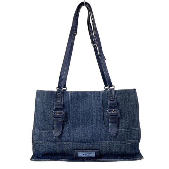 PRADA Etiquette Navy Denim Glace Calf Leather Tote Bag 752-072925 - Picture 1 of 14